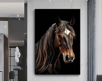 May include: A close-up portrait of a brown horse with a white star on its forehead. The horse has a long, flowing mane and tail. The background is black.