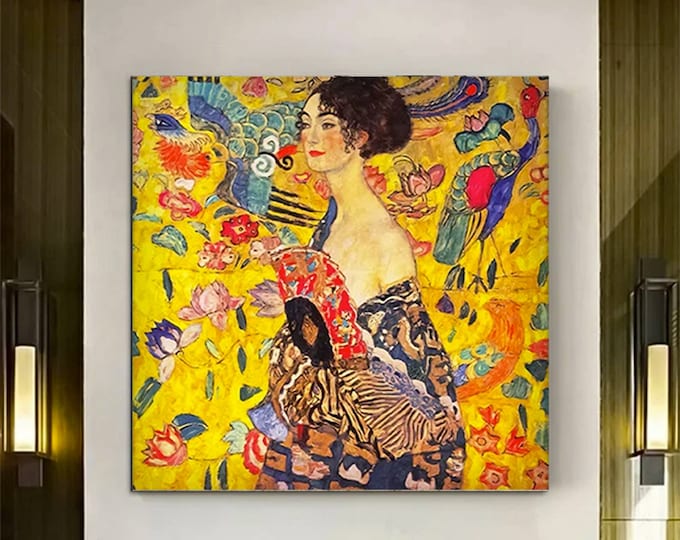 Gustav Klimt Canvas, Lady with Fan Print Reproduction, Klimt Lady Fan Wall Art, Lady with Fan by Gustav Klimt Art, Signora con Ventaglio