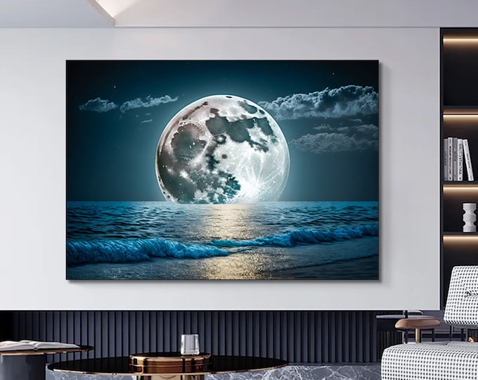 Full moon in the ocean is mirrored canvas painting,Full moon canvas wall art,