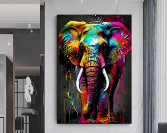 Colorful Graffiti Elephant Canvas Art Print, Modern Home Decor