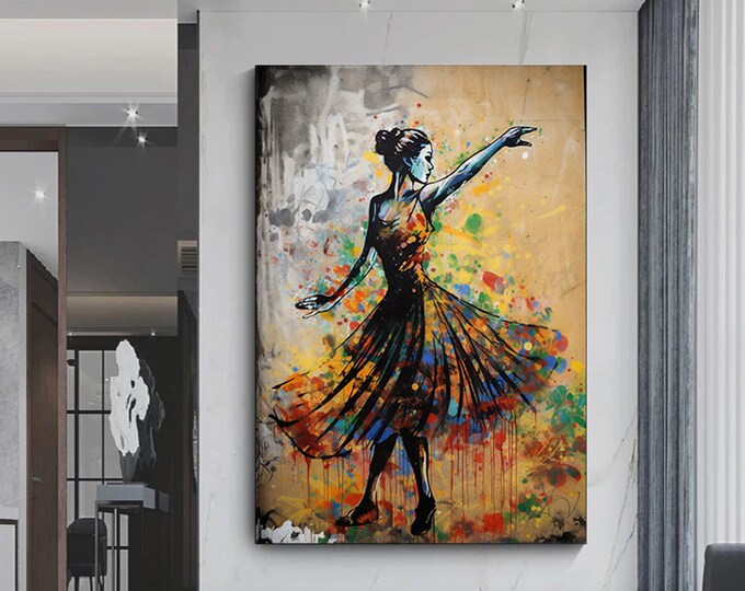 Ballerina graffiti poster print,Dancing ballerina wall art.Street art canvas.