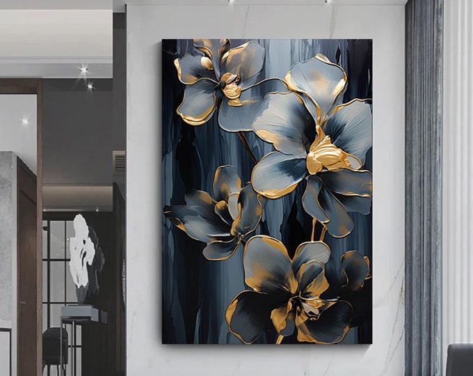 Grey Flowers Canvas Art, Flower Wall Decor, Floral Wall Decor, Gold Patterned Wall Art, Flower Canvas Print, Luxury Wall art decor
