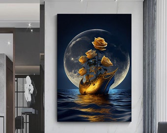 Full Moon Canvas Print: Floral Boat, Modern Wall Art