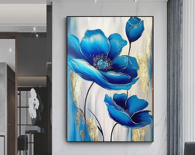 Blue Flowers Canvas Art, Flower Wall Decor, Floral Wall Art, Gold Canvas Print, Natural Wall Decor Luxury  Wall Decor