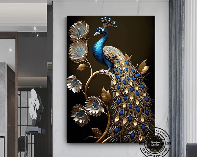 Golden peacock design canvas painting wall decor, Golden Peacock on the Tree, canvas wall painting, Canvas painting ready to hang, home art