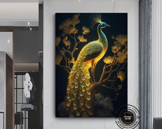 Golden peacock design canvas painting wall decor, Golden Peacock on the Tree, canvas wall painting, Canvas painting ready to hang, home art