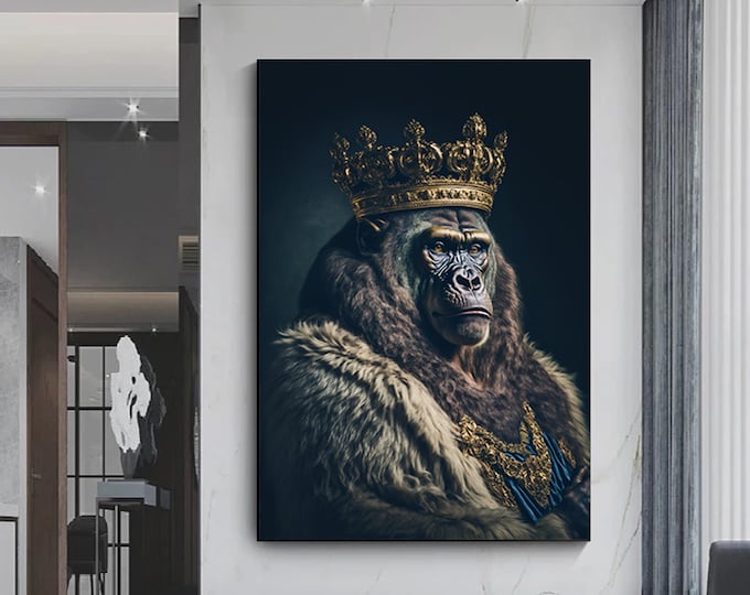 Crowned King Kong Gorilla wall print art, poster gift monkey, monkey Wall Art Home Decoration