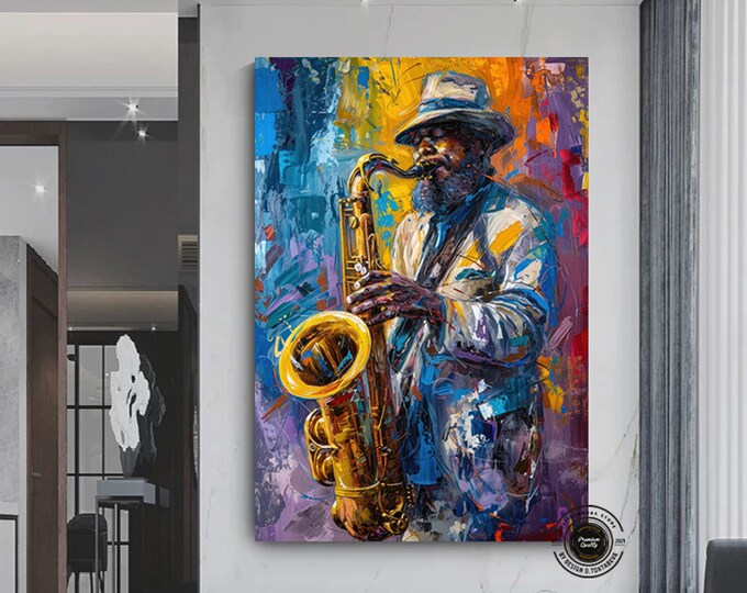 African Jazz Art, African Canvas, Jazz Wall Art, Jazz Oil Painting Canvas, Black Man Musician Canvas, Saxophone Canvas, Jazz Canvas,