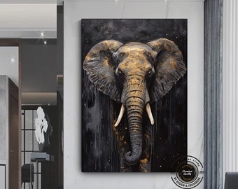Black & Gold Elephant Canvas Painting: Abstract Wall Art