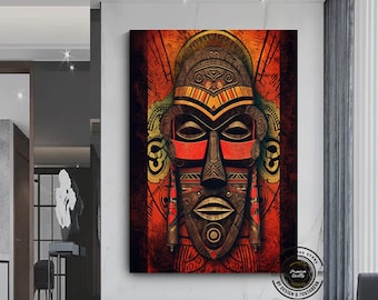 Tribal Mask African Art Framed Canvas Poster, Handmade