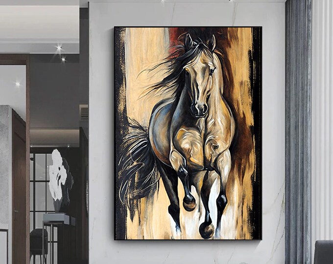 Abstract  black horse painting on canvas, large horse canvas wall art, modern animal painting living room bedroom,ready to hang