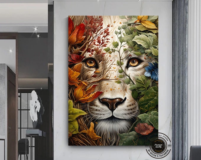 Lion Canvas Print Wall Art, Lion Portrait Among Flowers Canvas Art Home Decor, Animal Poster Wall Art, Framed Canvas Art, Decor for gift
