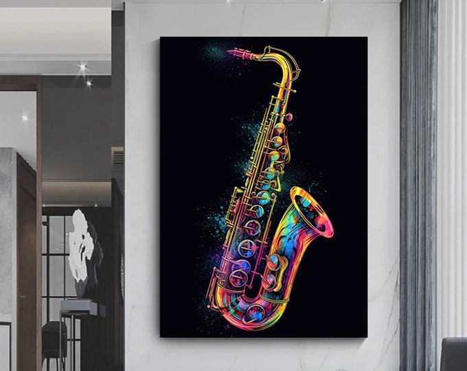 A rainbow colored saxophone canvas wall art, Colorful saxophone wall decor.