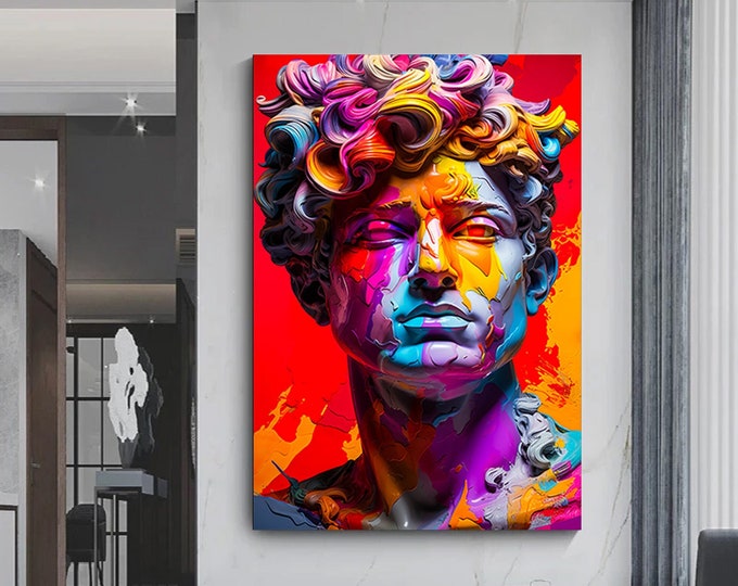 Graffiti painting of David bust, realistic, hyper detailed urban art portrait canvas wall art in PichiAvo style.