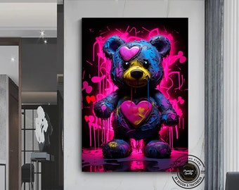 Teddy Bear Graffiti Art: Handmade Canvas Street Art