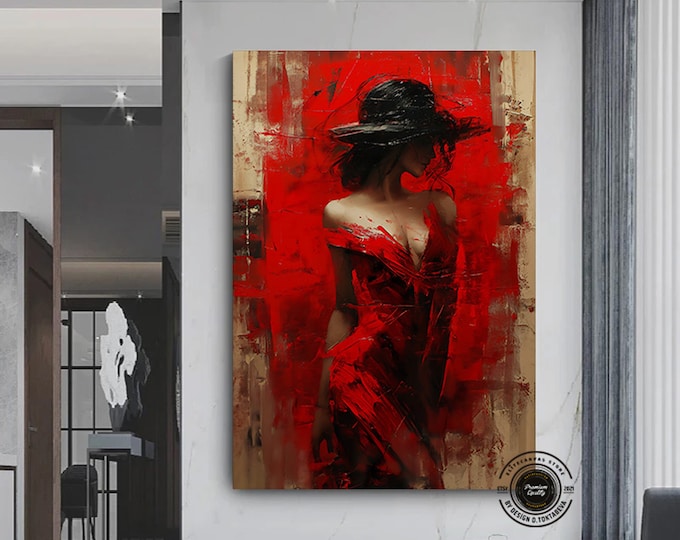 Abstract Red Woman Canvas Painting, Red Paint Drips Over Female Human Figure Art, Woman Canvas Art, Absract Home Decor, Woman Canvas Art