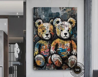 Handmade Teddy Bear Graffiti Canvas Art: Street Style Wall Decor