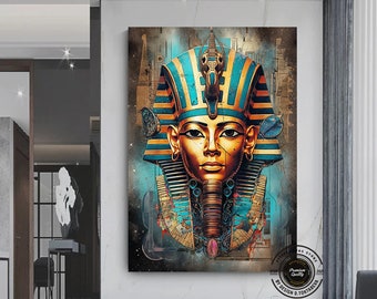 May include: A digital art print featuring a stylized depiction of an Egyptian pharaoh's head with a gold and blue headdress. The background is a mix of blue, gold, and gray tones with abstract shapes and textures.