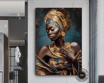 May include: A painting of a woman with dark skin wearing a gold head wrap and a gold necklace. She is wearing a blue and gold patterned dress and has large gold earrings. The background is a dark blue.