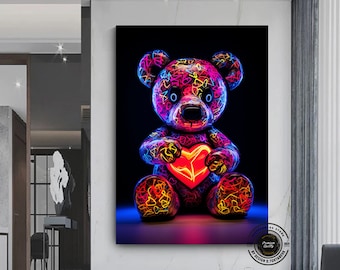 Teddy Bear Graffiti Art Print: Neon Heart Canvas