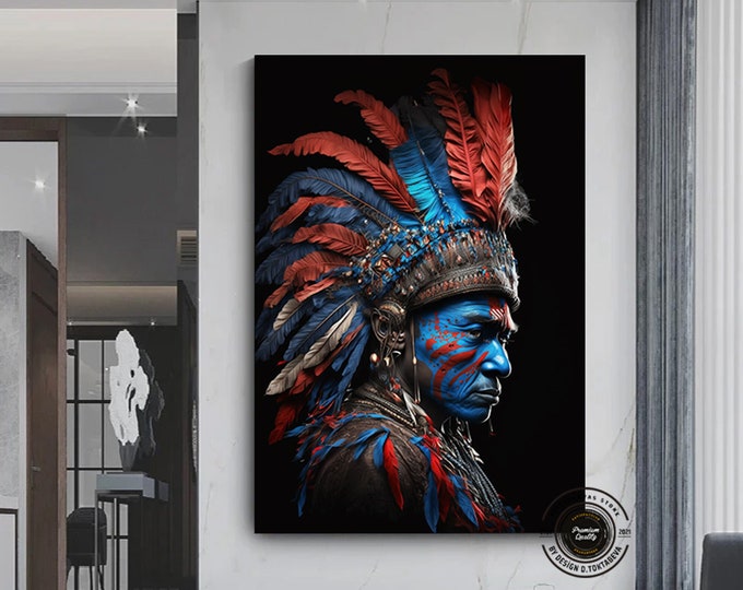 Native Warrior Canvas Art Print, Ethnic Wall Art, American Indian Painting, Native Indian Man Poster, Wall Hanging, Livingroom Decor