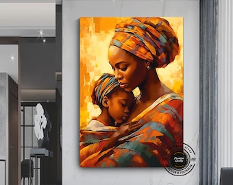 May include: A painting of a woman and child, both with dark skin, wearing colorful head wraps and clothing. The woman is holding the child close, and they both have a warm, loving expression on their faces. The background is a vibrant yellow and orange.