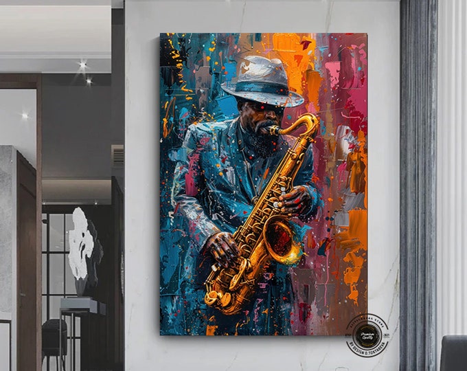 African Jazz Art, African Canvas, Jazz Wall Art, Jazz Oil Painting Canvas, Black Man Musician Canvas, Saxophone Canvas, Jazz Canvas,