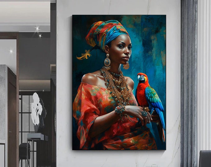 African woman and parrot canvas painting, paint textured canvas print, ethnic woman canvas wall art...