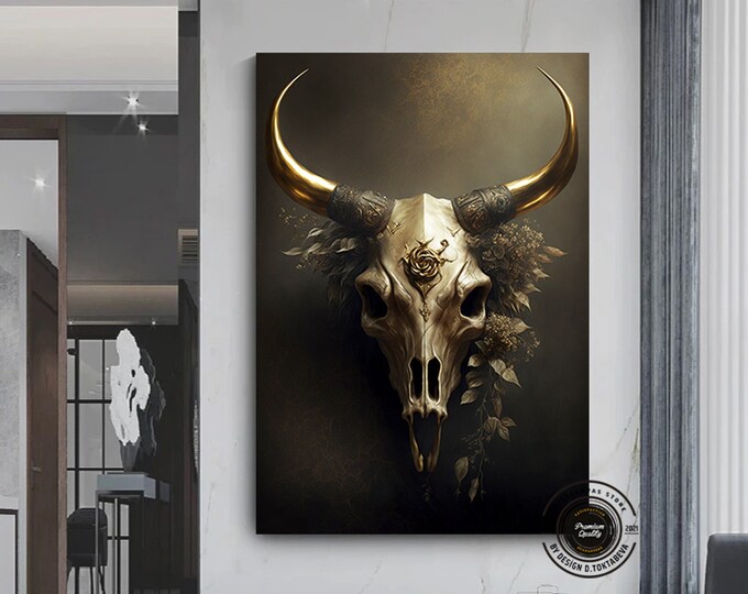 Vintage style bull Gold Skull canvas wall decor, Bull Skull Wall decor Longhorn Bull Skull Print Southwestern Art Desert House Decor