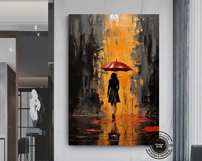 Abstract art of woman holding umbrella.Colorful canvas print.Woman wall art. Canvas Decor, Framed Canvas Ready to Hang