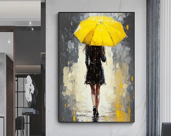 abstract woman with yellow umbrella canvas print, woman walking with umbrella canvas print, woman standing in the rain with umbrella print,