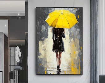 Abstract Woman with Yellow Umbrella Canvas Print, Modern Wall Art