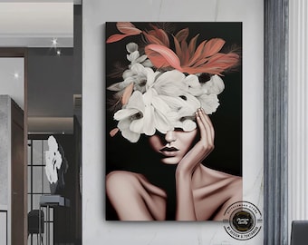 Floral Woman Canvas Painting: Roses Art Print, Ready to Hang