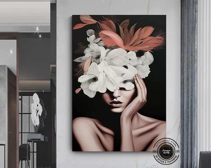 Woman with flower head canvas painting, roses and woman print, flower woman art, flowers and woman canvas wall art