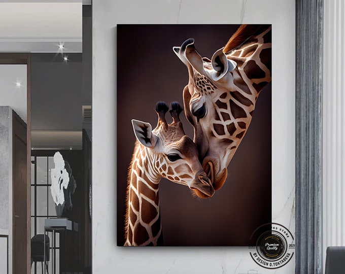 Mother and baby Giraffe canvas wall art.Giraffe animal art,Cute animal wall decor.Giraffe Canvas Print, Abstract Animal Art,