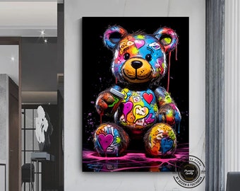 Teddy Bear Graffiti Art: Handmade Canvas Street Art