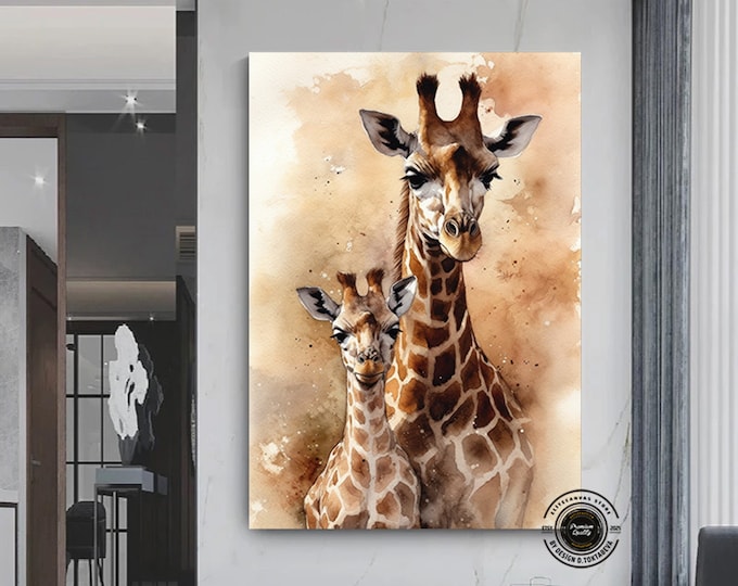 Mother and baby Giraffe canvas wall art.Giraffe animal art,Cute animal wall decor.Giraffe Canvas Print, Abstract Animal Art,