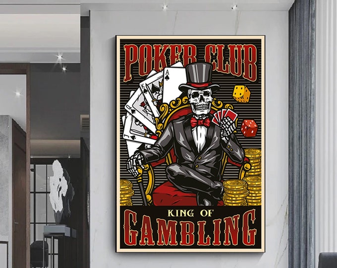 Dead Man's Hand - Skeleton Poker Wall Art - skeleton playing poker canvas wall print.Poker canvas art.