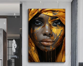 May include: A close-up portrait of a person with dark skin, their face covered in gold paint. The paint drips down their face and neck, creating a dramatic effect.