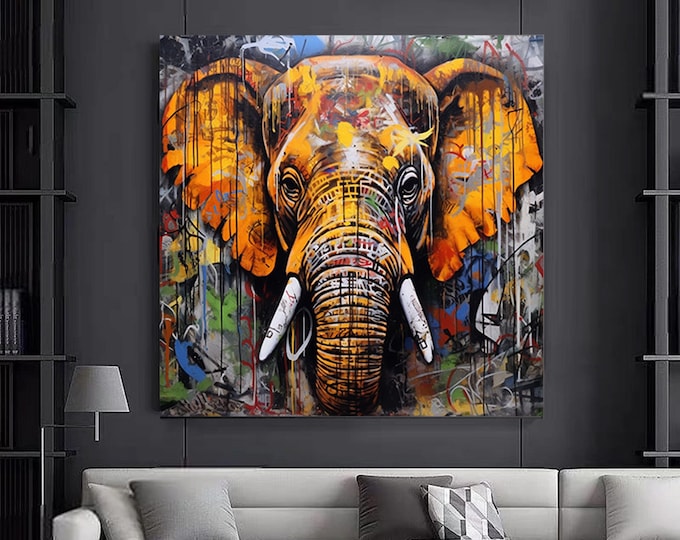 Pop art elephant canvas wall art , graffiti elephant canvas paint ,street art canvas print ,colorful elephant canvas wall decor , home decor