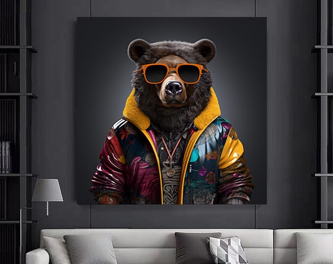 Brightly colored Bear, Bespectacled bear canvas wall art.Cute animal art.