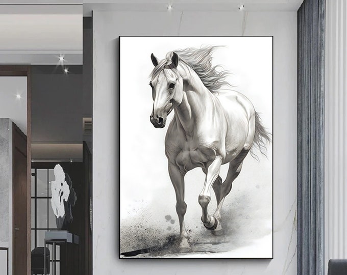 White Horse Canvas Painting,Wild Horse Wall Art,Horse Canvas Wall Art,White Horse Poster,Animal Large Wall Art.