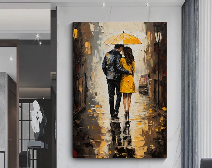 A Couple's Walk in the Rain wall art ,Umbrella Couple Wall Decor,Emotional Oil Painting Poster