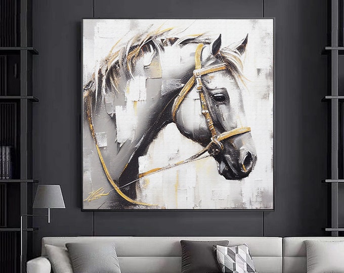 Geometric abstract canvas oil painting gold embroidered horse animal wall print art. abstract wall art