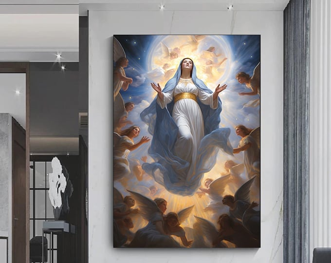 Heavenly Assumption of the Virgin Mary canvas wall art, Virgin Mary and the angels poster print.