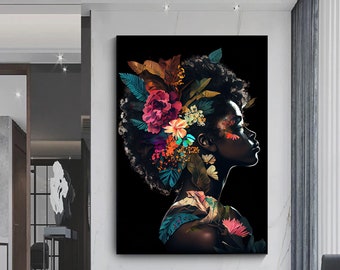 Floral African Woman Canvas Art Print, Modern Home Decor