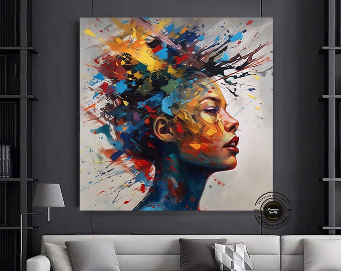 Futuristic watercolor illustration women face portrait colorful hair painting art canvas wall art.Abstract Wall Decor, Trendy Poster