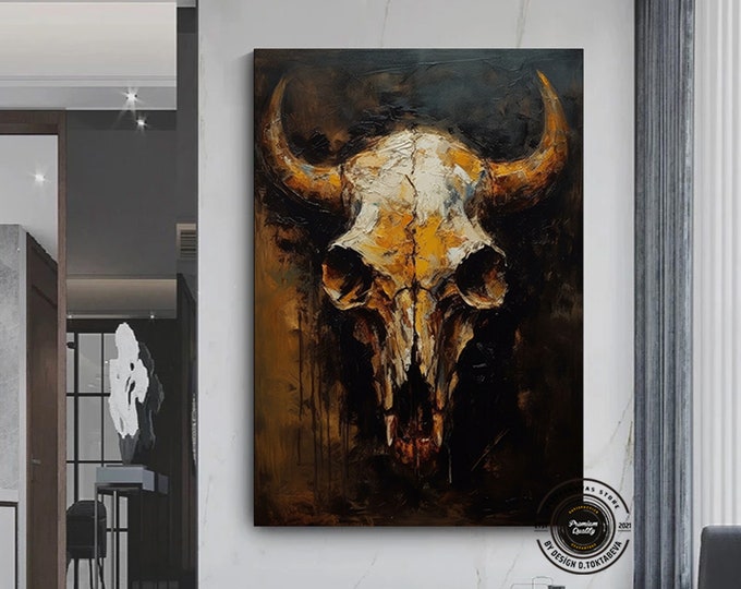 Vintage style bull Skull canvas wall decor, Bull Skull Wall decor Longhorn Bull Skull Print Cowboy Decor Southwestern Art Desert House Decor