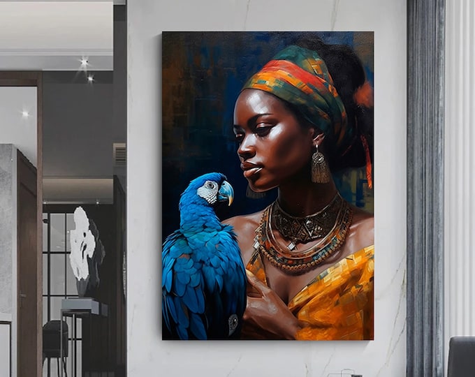 African woman and parrot canvas painting, paint textured canvas print, ethnic woman canvas wall art...