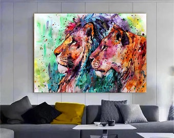 Colorful Lion Canvas Wall Art: Abstract Animal Print
